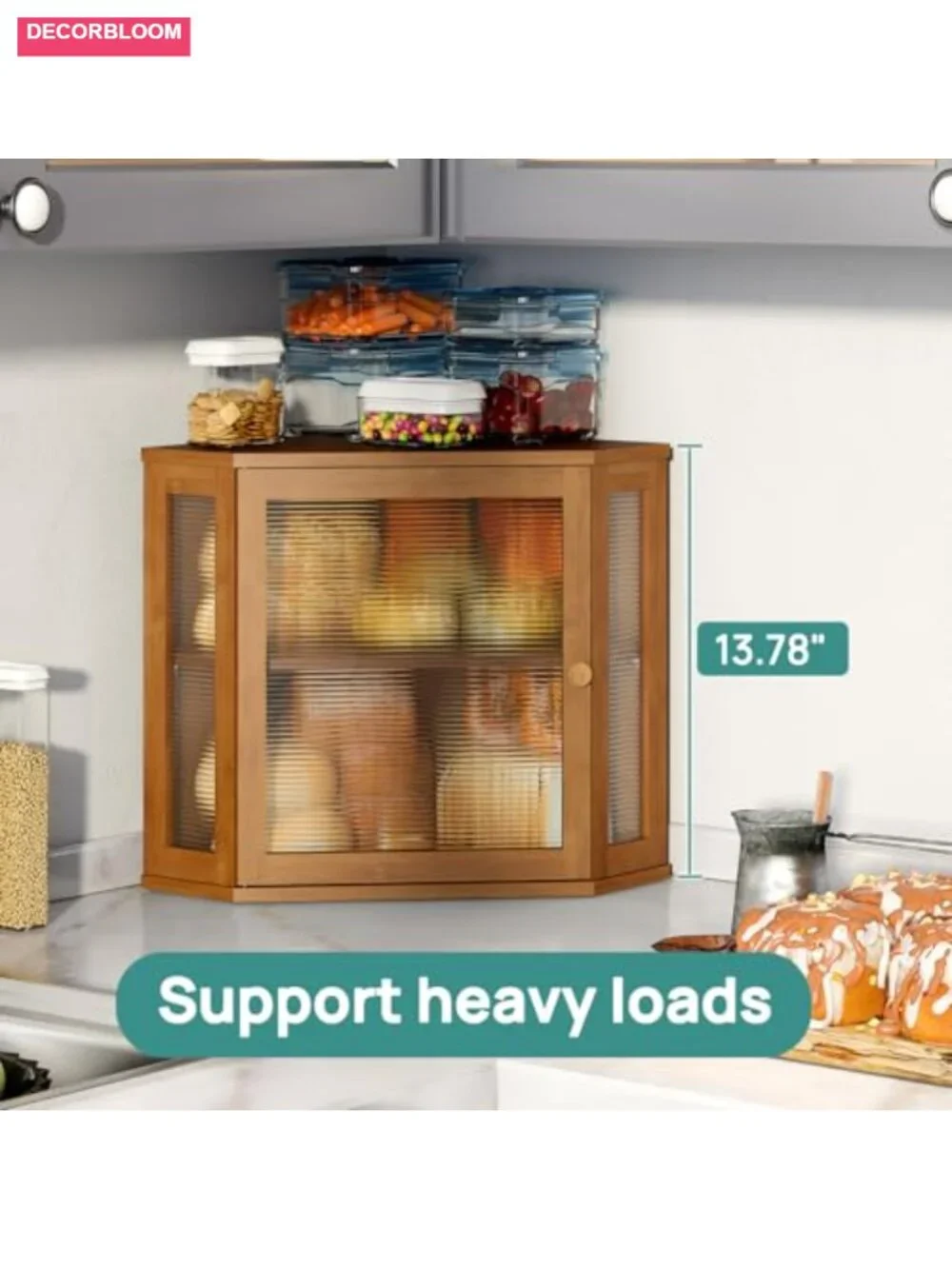 Corner Bread Box Large Capacity Bamboo Wood Kitchen Counter Storage with